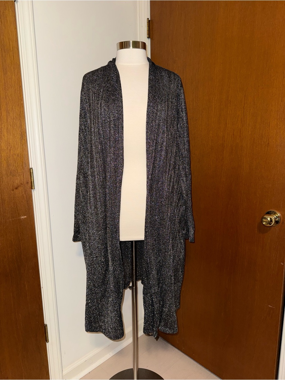 Ulla Popken Metallic Open-Front Cardigan - Black/Silver
